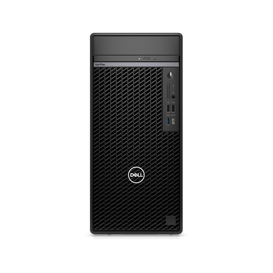 Black Dell computer tower on a white background